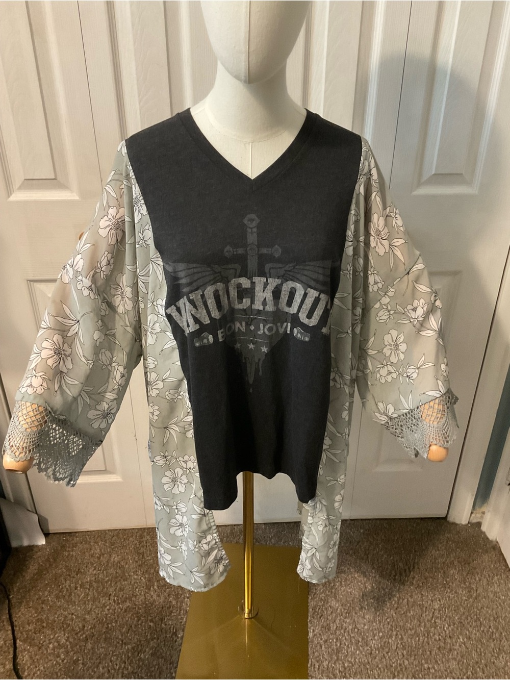 Bon Jovi Upcycled Graphic T-Shirt with Flowy Printed Sleeves - OSFM